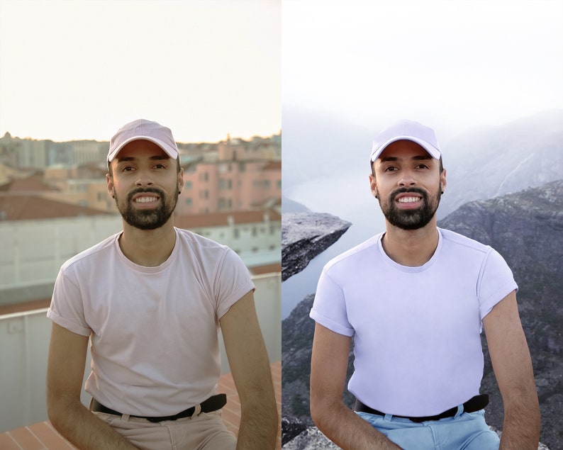 May include: A person wearing a pink baseball cap and a light pink t-shirt is sitting on a ledge with a city skyline in the background.