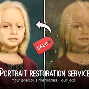 Può includere: Immagine prima e dopo di un servizio di restauro di ritratti. L'immagine a sinistra mostra un ritratto restaurato di una ragazza con i capelli biondi che indossa una camicia rossa. L'immagine a destra mostra il ritratto originale danneggiato. Il testo "SALE" è su un'etichetta rossa.
