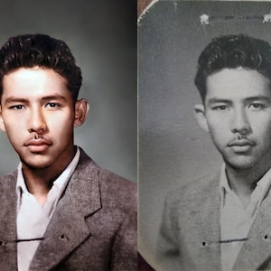 May include: A portrait of a young man in a gray blazer and white shirt, with dark hair and a mustache. The image is split, with a colorized version on the left and a black and white version on the right.