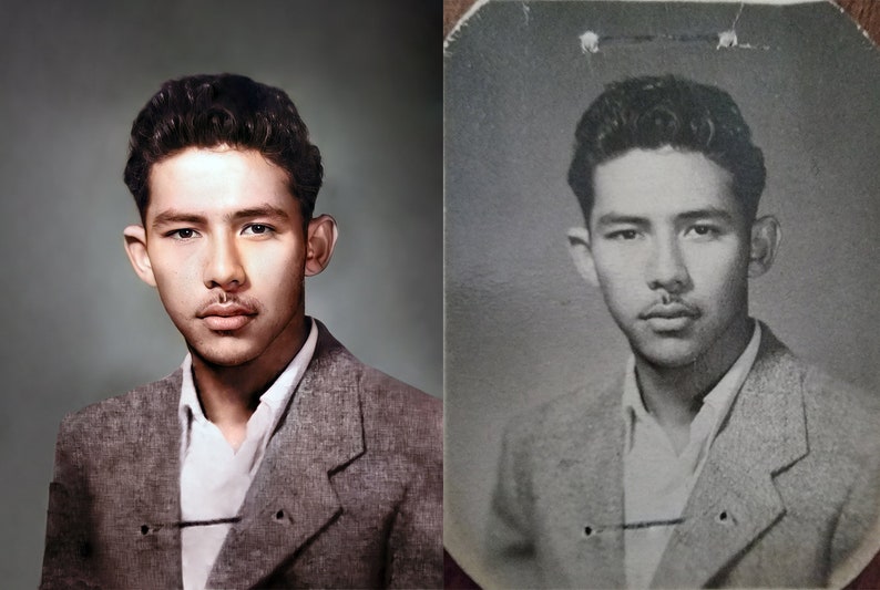 May include: A portrait of a young man in a gray blazer and white shirt, with dark hair and a mustache. The image is split, with a colorized version on the left and a black and white version on the right.