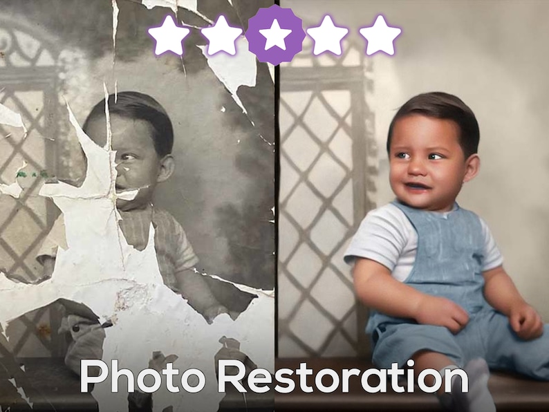 May include: Side-by-side comparison of a damaged black and white photo and its restored color version. The original image shows a young child with torn paper. The restored image shows the child in color, wearing blue overalls. Text reads "Photo Restoration".