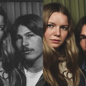 Pode incluir: Imagem dividida de uma fotografia vintage. O lado esquerdo &eacute; uma imagem a preto e branco de uma mulher e um homem. O lado direito &eacute; uma imagem a cores da mesma mulher e do mesmo homem. Ambas as imagens mostram a mulher com cabelo loiro comprido e o homem com um bigode.