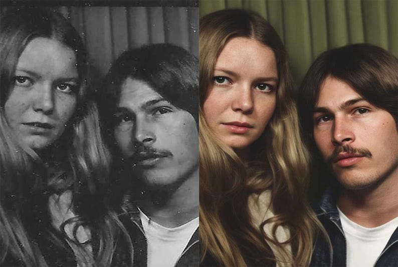Pode incluir: Imagem dividida de uma fotografia vintage. O lado esquerdo &eacute; uma imagem a preto e branco de uma mulher e um homem. O lado direito &eacute; uma imagem a cores da mesma mulher e do mesmo homem. Ambas as imagens mostram a mulher com cabelo loiro comprido e o homem com um bigode.