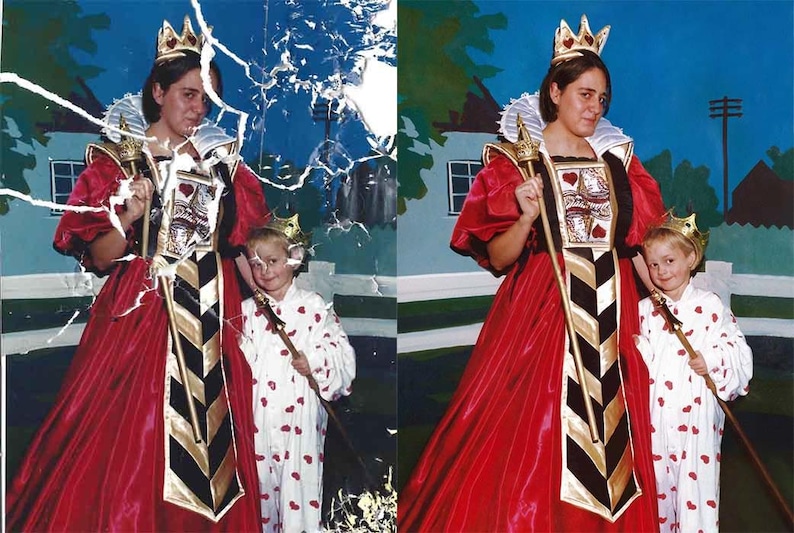 Pode incluir: Imagem de antes e depois de uma restaura&ccedil;&atilde;o de fotos. A imagem restaurada mostra duas pessoas fantasiadas. Uma usa um vestido vermelho com detalhes dourados e pretos, uma coroa e segura uma bengala. A outra usa uma roupa branca com padr&otilde;es de cora&ccedil;&otilde;es vermelhos e uma coroa.