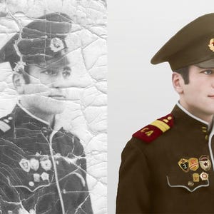 May include: The image shows a side-by-side comparison of a restored color portrait and a damaged black and white photograph. The color image features a person in a military uniform with a brown hat and jacket, adorned with medals and shoulder insignia.