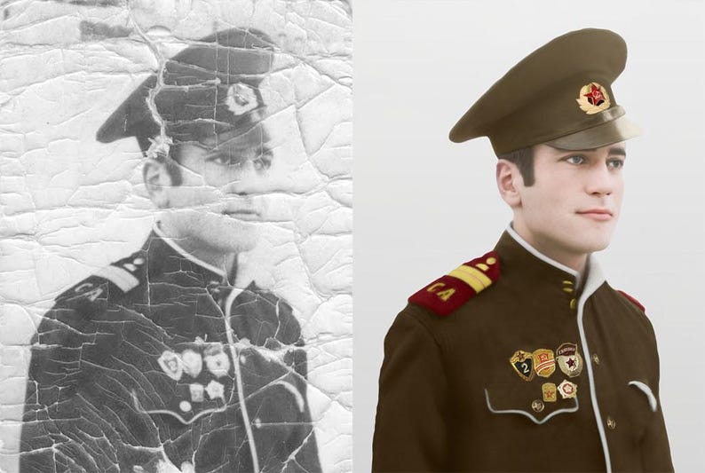 May include: The image shows a side-by-side comparison of a restored color portrait and a damaged black and white photograph. The color image features a person in a military uniform with a brown hat and jacket, adorned with medals and shoulder insignia.