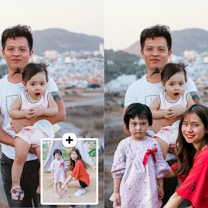 May include: A family portrait showing a man holding a young child, with two other children and a woman in the foreground. The man wears a white t-shirt, and the children are in light-coloured outfits. The background shows a hillside and a city.
