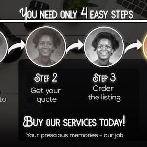 May include: Image showing a photo restoration service with a step-by-step process. The steps are illustrated with a photo of a woman, progressing from a damaged image to a restored, colorized version. Text includes "You Need Only 4 Easy Steps" and "Buy Our Services Today!"