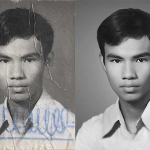Pode incluir: Compara&ccedil;&atilde;o lado a lado de uma fotografia antiga em preto e branco danificada e sua vers&atilde;o restaurada. A imagem apresenta um homem com cabelo escuro e uma camisa com gola. A foto original est&aacute; danificada, a vers&atilde;o restaurada &eacute; clara.