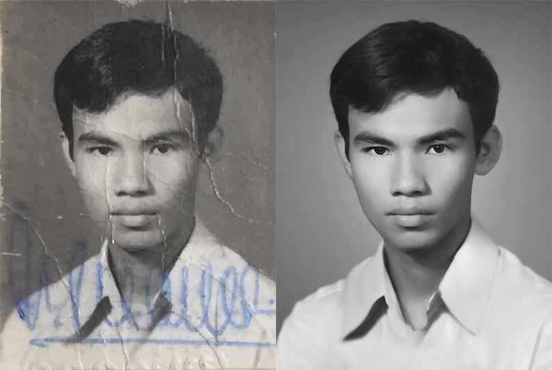 Pode incluir: Compara&ccedil;&atilde;o lado a lado de uma fotografia antiga em preto e branco danificada e sua vers&atilde;o restaurada. A imagem apresenta um homem com cabelo escuro e uma camisa com gola. A foto original est&aacute; danificada, a vers&atilde;o restaurada &eacute; clara.