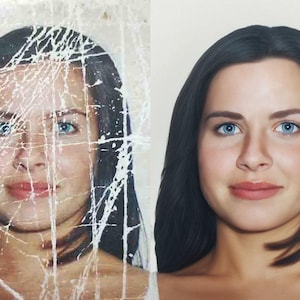 May include: Image restoration comparison. The left side shows a damaged portrait with cracks and discoloration. The right side displays the restored portrait, revealing a woman with blue eyes and dark hair. The restored image is clear and vibrant.