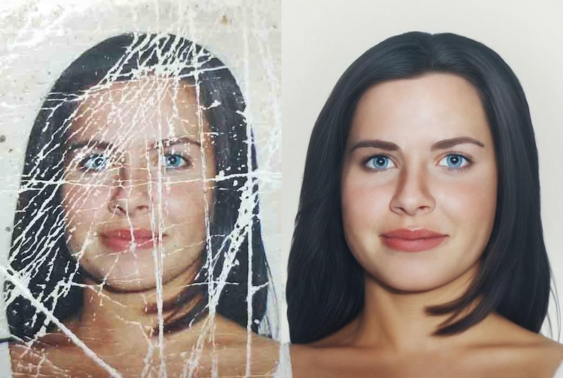 May include: Image restoration comparison. The left side shows a damaged portrait with cracks and discoloration. The right side displays the restored portrait, revealing a woman with blue eyes and dark hair. The restored image is clear and vibrant.