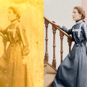 May include: A vintage photograph of a person in a long, dark dress with white lace trim, standing on a wooden staircase. The dress has long sleeves and a high collar. The staircase has a wooden handrail and balusters.