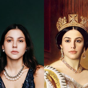May include: A woman with long dark hair is wearing a pearl necklace and a sparkly blue dress. She is looking at the camera. The image is split in half, with the left side showing the woman in modern clothing and the right side showing the woman in a painting wearing a crown and a gold and white gown.