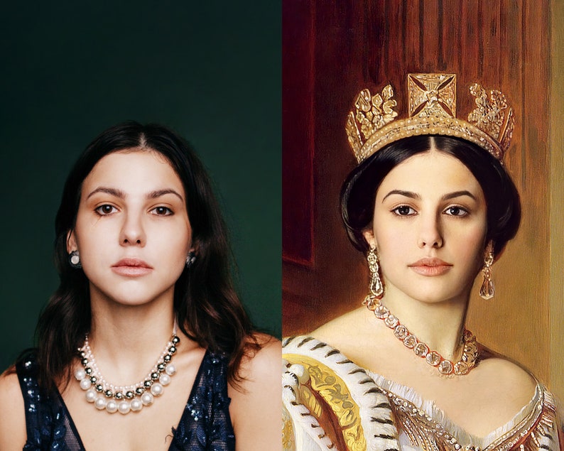 May include: A woman with long dark hair is wearing a pearl necklace and a sparkly blue dress. She is looking at the camera. The image is split in half, with the left side showing the woman in modern clothing and the right side showing the woman in a painting wearing a crown and a gold and white gown.