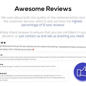 Pode incluir: Imagem mostrando avalia&ccedil;&otilde;es de clientes com um &iacute;cone de polegar para cima. O texto diz "Awesome Reviews" e destaca a qualidade da restaura&ccedil;&atilde;o de fotos e do atendimento ao cliente. As avalia&ccedil;&otilde;es mencionam servi&ccedil;os de restaura&ccedil;&atilde;o e edi&ccedil;&atilde;o de fotos.