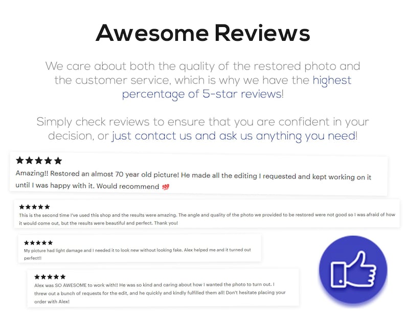 Pode incluir: Imagem mostrando avalia&ccedil;&otilde;es de clientes com um &iacute;cone de polegar para cima. O texto diz "Awesome Reviews" e destaca a qualidade da restaura&ccedil;&atilde;o de fotos e do atendimento ao cliente. As avalia&ccedil;&otilde;es mencionam servi&ccedil;os de restaura&ccedil;&atilde;o e edi&ccedil;&atilde;o de fotos.