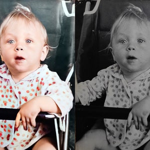 May include: A vintage photograph of a baby with blonde hair and blue eyes, seated in a stroller. The baby wears a button-down shirt with a pattern of red polka dots. The image is split, with a color and a black and white version.