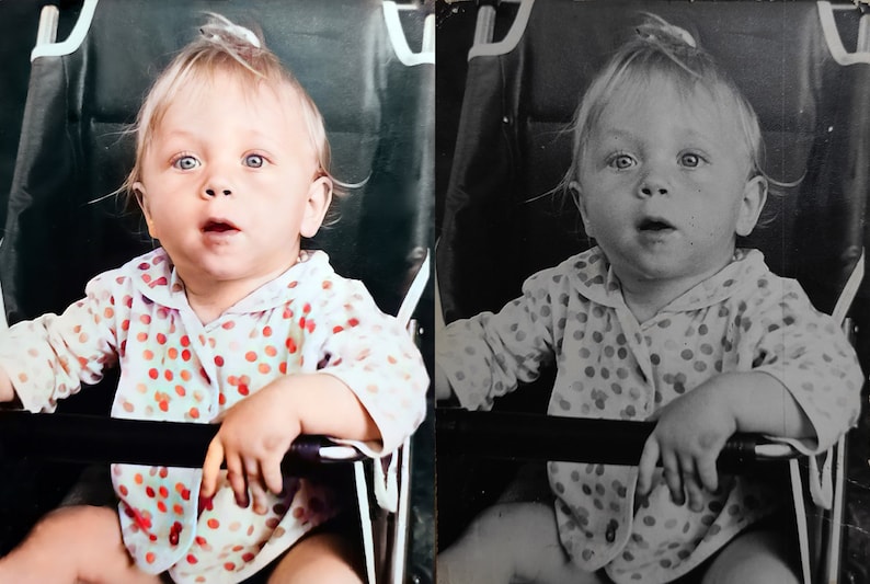May include: A vintage photograph of a baby with blonde hair and blue eyes, seated in a stroller. The baby wears a button-down shirt with a pattern of red polka dots. The image is split, with a color and a black and white version.
