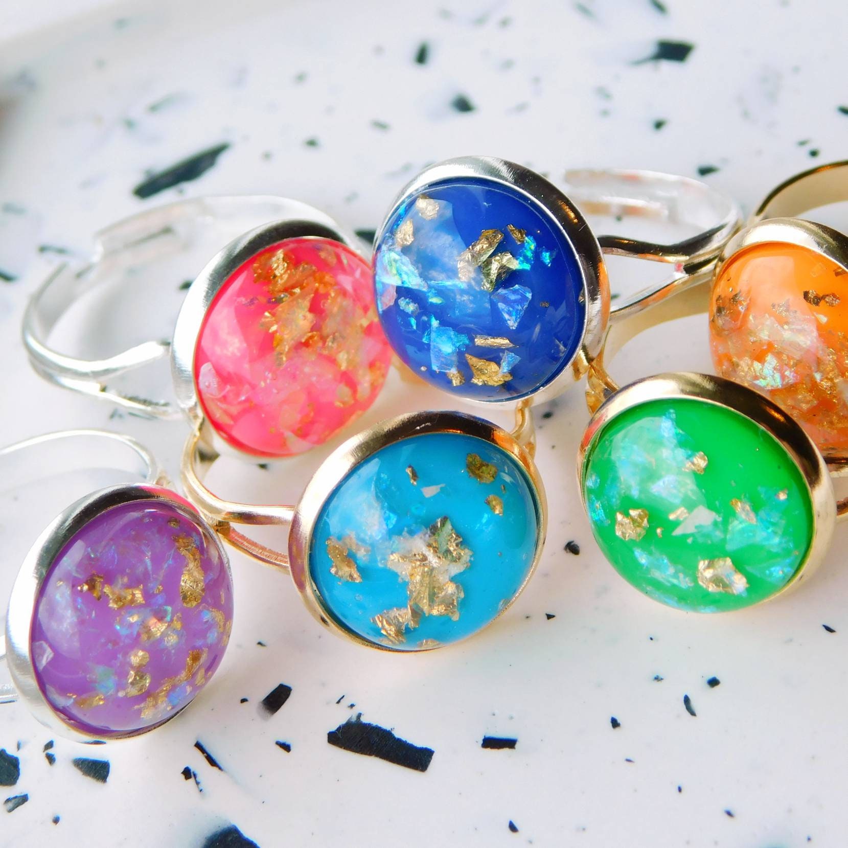 Gemstone Rings Resin Handmade Adjustable Gold Silver Etsy