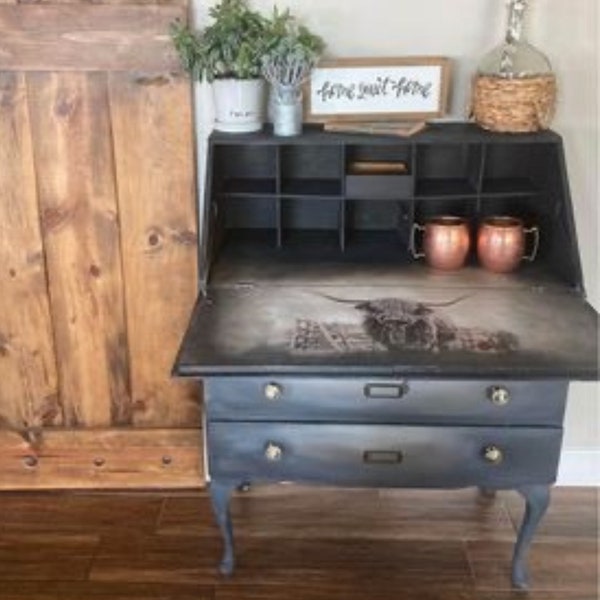 SOLD | Farmhouse Antique Secretary Desk | Highland Steer Secretary Desk | Black Desk