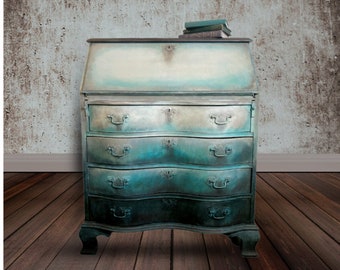 SOLD | Blue Antique Chippendale Secretary Desk | Vintage Desk | Painted Secretary Desk | Antique Craft Hobby Desk | Turquoise Antique Desk