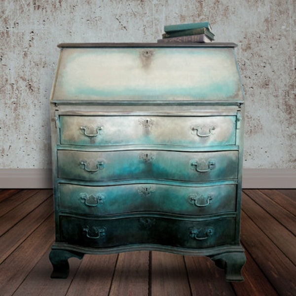 SOLD | Blue Antique Chippendale Secretary Desk | Vintage Desk | Painted Secretary Desk | Antique Craft Hobby Desk | Turquoise Antique Desk