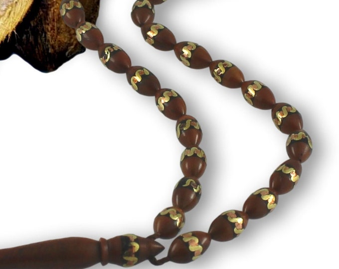 Brass Inlaid Kuka Wooden Tasbih, Oval Koka Prayer Rosary Beads Turkish, 33 Misbaha Wood Tasbeeh, Natural Islamic Tesbih, Gift for Muslim