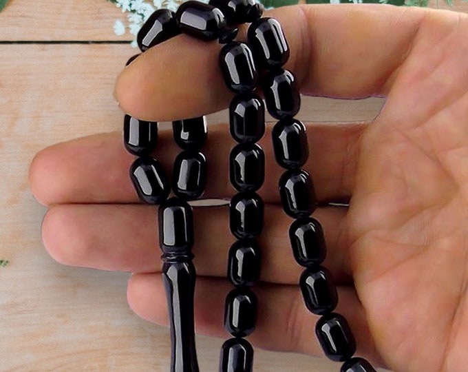 Black Gemstone Collectible Tasbeeh Personalized Shungite Cylindrical Tasbih Jet Oltu Stone Prayer Beads Rosary 33 Misbaha Gift for Muslim