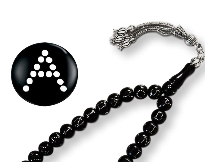 Customized Black Tasbih with Silver Inlay, Personalized Shungite Tasbeeh, Oltu Stone Name Prayer Beads, Named 33 pcs Misbaha Gift for Muslim