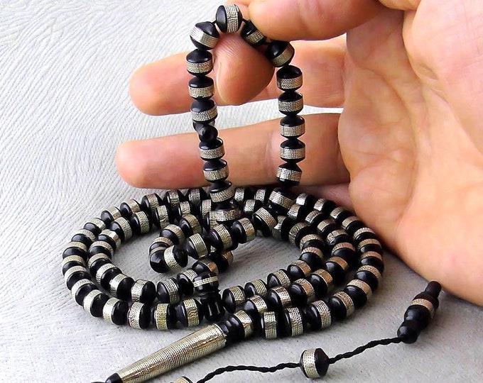 925 Silver Inlaid Kuka Tasbeeh 99, Cylindrical Koka Prayer Rosary Beads Turkish, Natural Islamic Misbaha, Tesbih Gift for Muslim