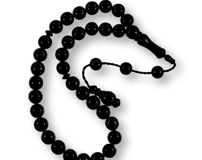 Jet Black Gemstone Collectible Tasbih, Named Silver Inlay Personalized Shungite Tasbeeh, Oltu Stone Prayer Beads, 33 Misbaha Gift for Muslim