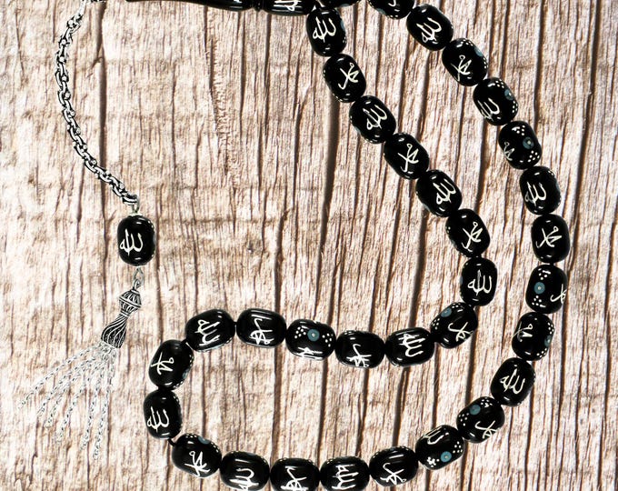 Arabic Allah and Muhammad Written Tasbeeh, Sterling Silver and Turquoise inlaid Jetstone Muslim Rosary, Black Gemstone Tasbeeh, Gift for Him