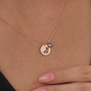 Personalized Birth Flower Disc Necklace with Birthstone - Custom Birth Flower Pendant - Custom Birth Flower Pendant - Floral Necklace