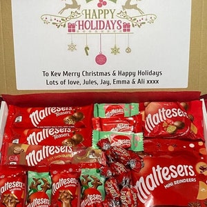Coffret cadeau personnalisé panier de chocolats Maltesers Cadeau de Noël pour lui Cadeaux pour elle Câlins au long cours Renne Malteser Bonbons pour enfants Noël