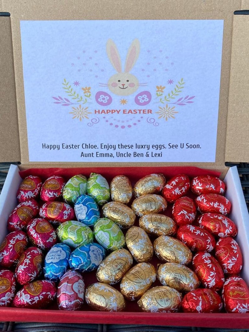 Personalizado Lindor Lindt chocolate huevos de Pascua dulces cesta golosinas caja de regalo regalos para él regalos para su lujosa caja de Pascua Lindt imagen 5