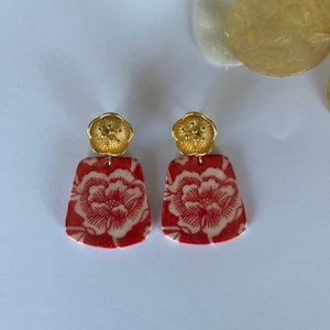 Red floral ceramic earrings, ceramic jewelry, handmade ceramic earrings, christmas gift, handmade ceramic