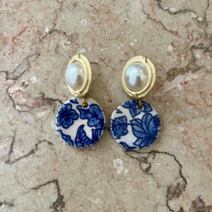 Pearly ceramic earrings , ceramic jewelry , handpainted earrings , blue blanc handmade earrings, ceramic earrings , mothers day gift