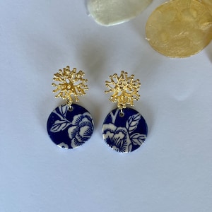Gold plated Blue floral ceramic earrings ,ceramic jewelry, handmade ceramic earrings