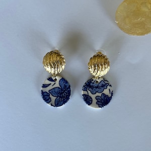 Gold plated Blue blanc ceramic earrings, ceramic jewelry, handmade ceramic earrings , blue blanc jewellery , blue white ceramic earrings