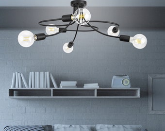 Plafonnier noir à 6 lampes avec filetage E27 et métal thermolaqué, 230V, 60W max. Style loft pour salon.