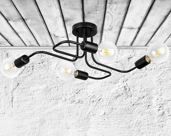 Plafonnier noir à 4 ampoules filetage E27 et métal thermolaqué 230V, 60W max. Salon style loft.