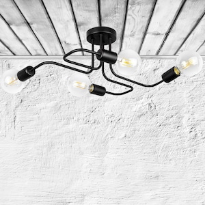 Black ceiling lamp with 4-bulb E27 thread and powder-coated metal 230V, 60W max. Living room loft style.