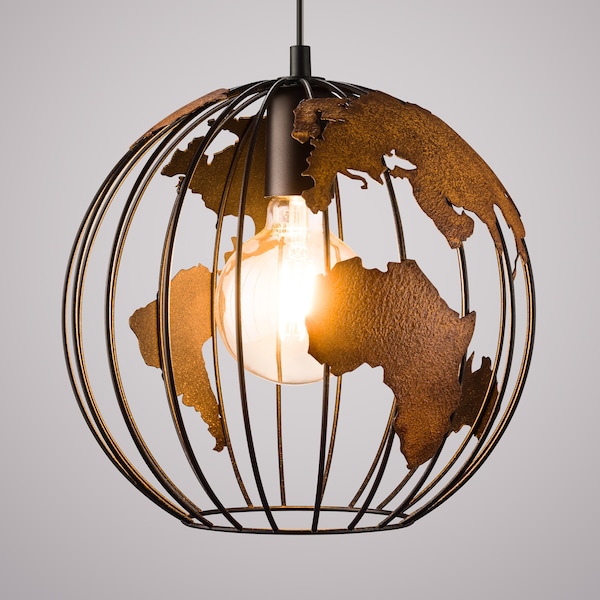 Lampe globe terrestre suspendue rouille, lampe suspendue réglable carte du monde pour cuisine, salle à manger, salon, couloir, lampe de nuit décorative