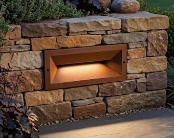 Roestkleurige inbouw buitenlamp – Cortenstaal tuinverlichting, vlakke wandlamp, LED terrasverlichting, trapverlichting