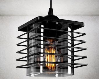 Loft-Hängeleuchte in Schwarzem Metall und Glas - Perfekt für Innenräume, Graphit, Honig, Transparent