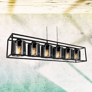 Hanging lamp, ceiling light in loft style with 6x E27 - black metal, length adjustment. Graphite/honey/transparent mod#1977