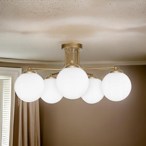 Modern Loft Style Ceiling Light - Golden Hanging Lamp with Five Lampshades, E27, Designer Metal Lamp for Living Room and Dining Room