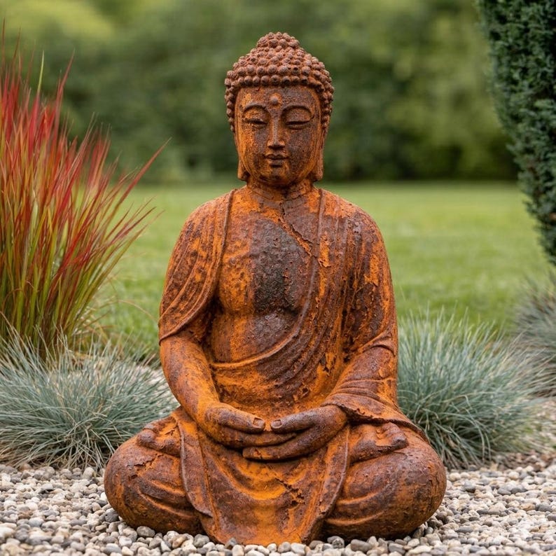 May include: A weathered, rust-colored Buddha statue in a seated meditation pose. The statue is outdoors, surrounded by greenery and small stones. The statue's details include a serene facial expression and detailed robes.