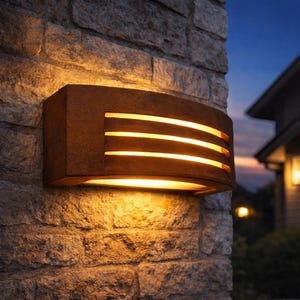 Puede incluir: Una lámpara de pared rectangular para exteriores con una parte delantera curvada y tres ranuras horizontales. La lámpara es de color marrón óxido y está montada en una pared de ladrillos de piedra. La luz emite un brillo cálido y acogedor.